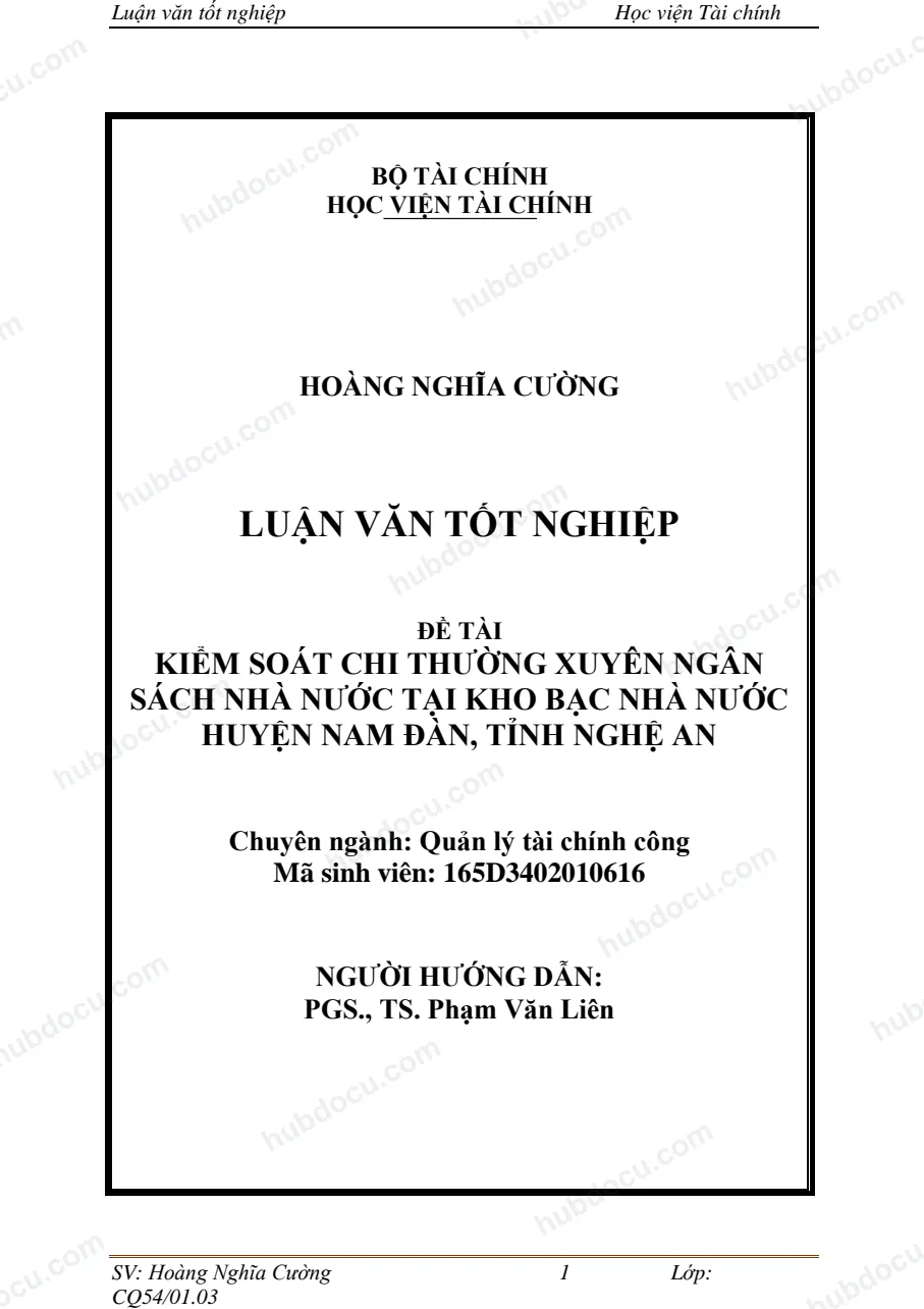 Luận văn tốt nghiệp - ngành quản lý tài chính công - Kiểm soát chi thường xuyên NSNN qua KBNN Nam Đàn, tỉnh Nghệ An