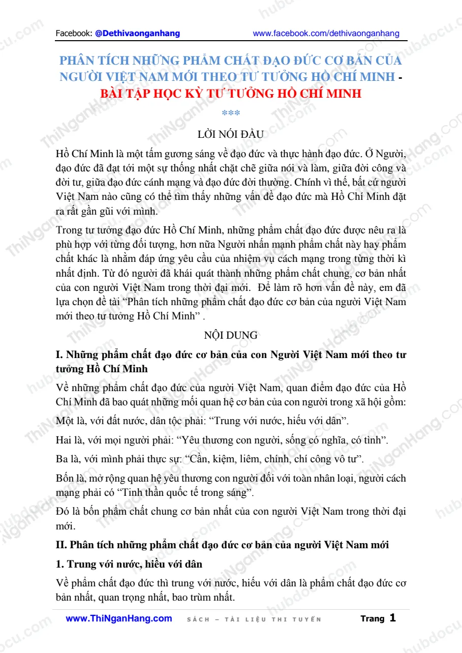 Phân tích những Phẩm chất đạo đức cơ bản của người Việt Nam mới theo tư tưởng Hồ Chí Minh - Bài tập học kỳ Tư tưởng HCM