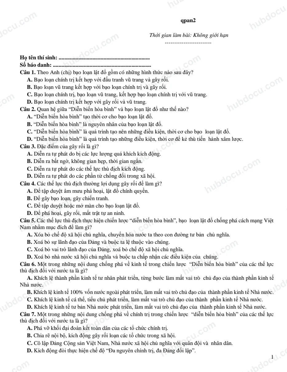 222 câu trắc nghiệm QPAN 2 (kèm đáp án)