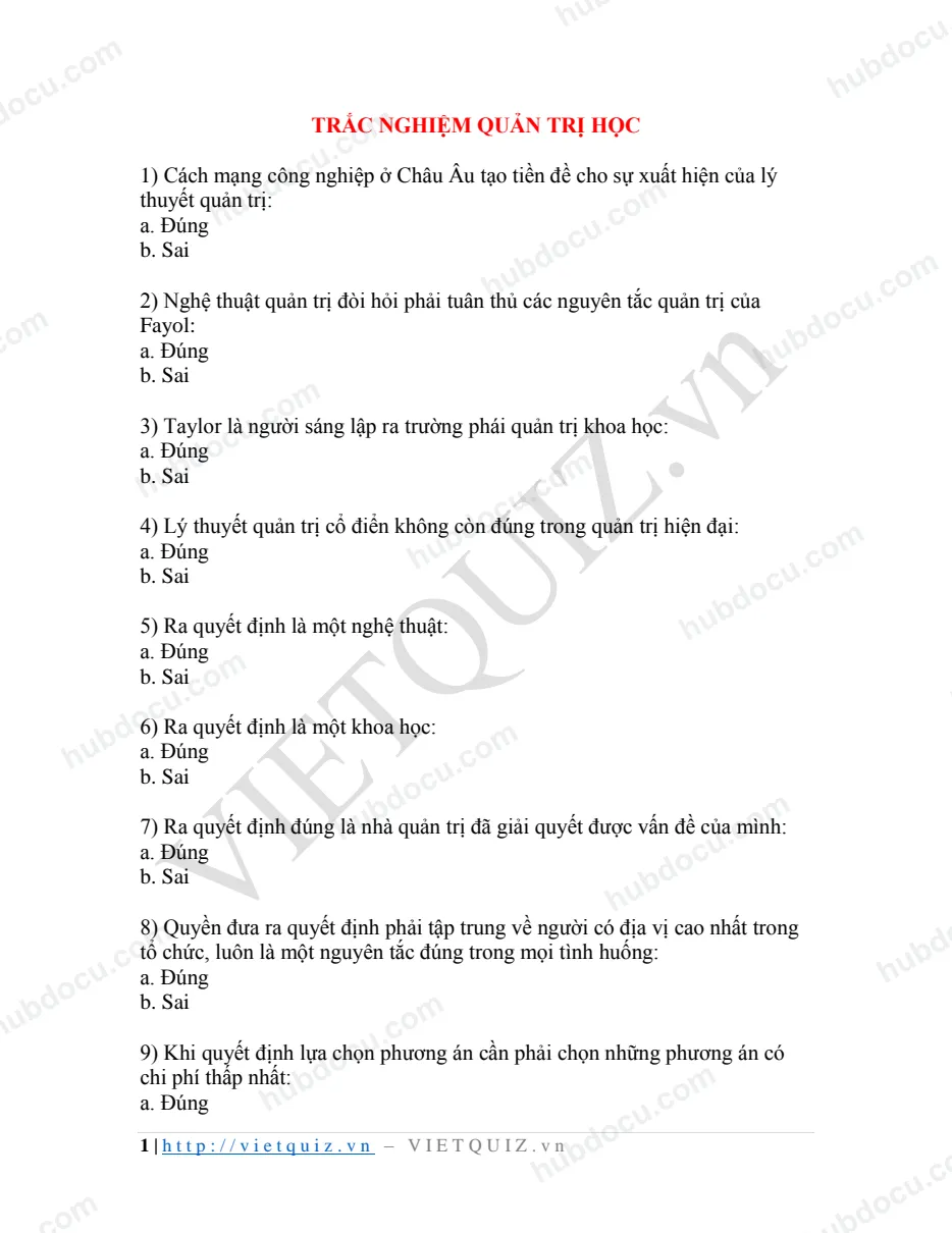 Câu trắc nghiệm Quản trị học