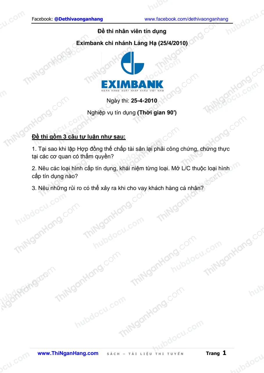 Đề thi nhân viên Tín dụng Eximbank CN Láng Hạ (25-4-2010)