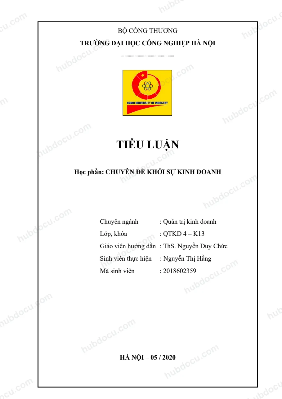 Bài tiểu luận 9,5 điểm - Chuyên Đề Khởi Sự kinh doanh về ý tưởng khởi nghiệp