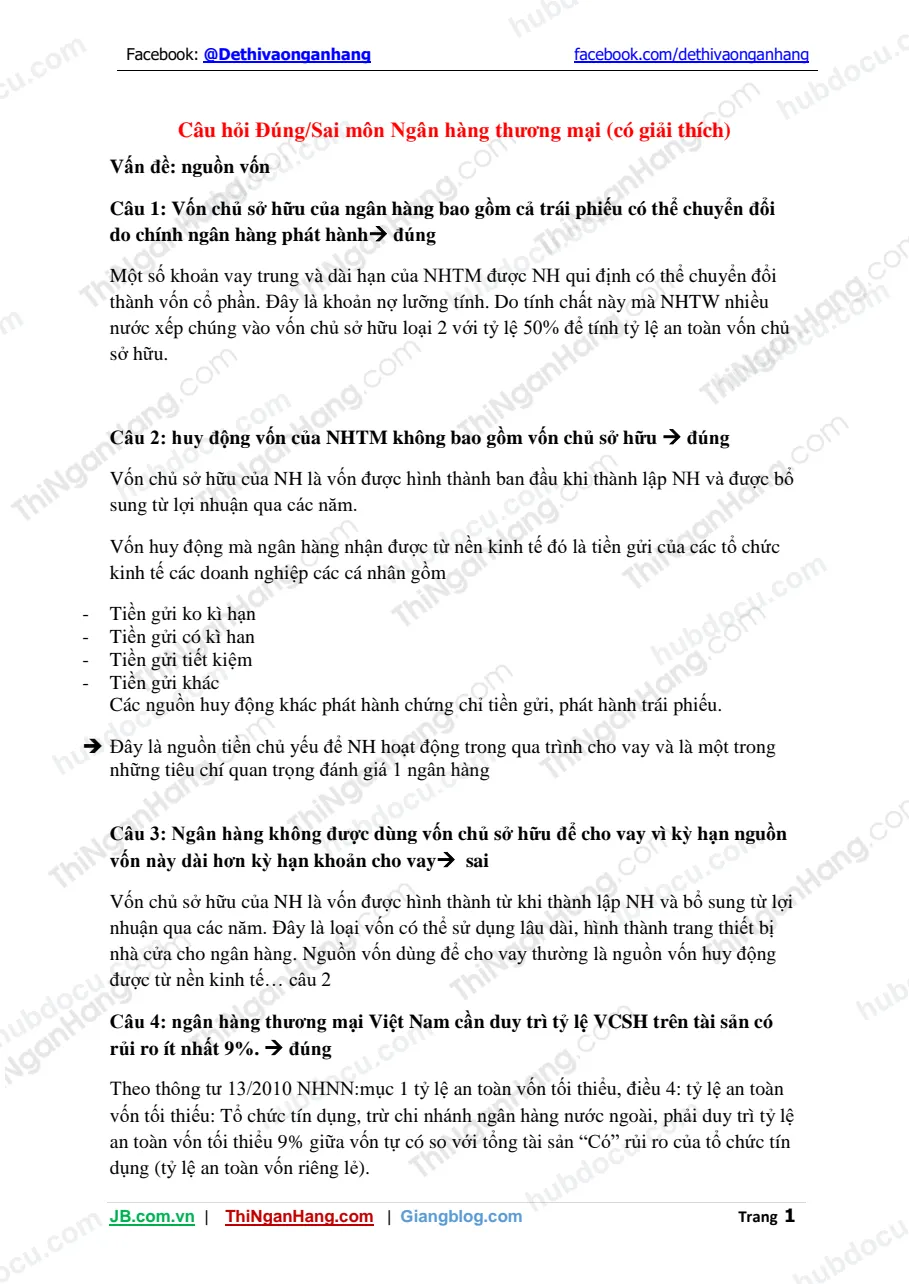 Câu hỏi Đúng Sai môn Ngân hàng thương mại (có giải thích)