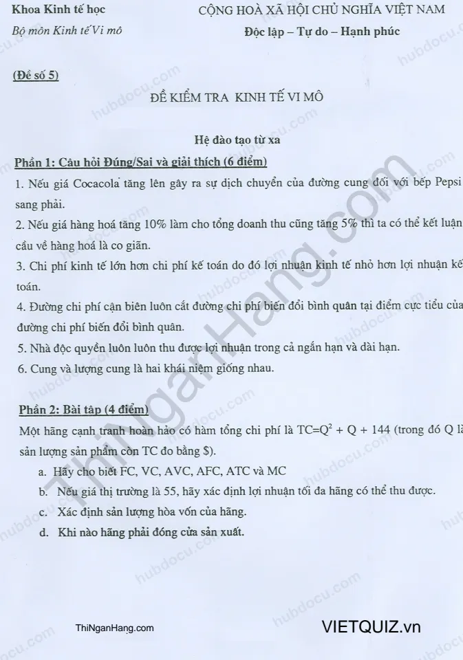6 Đề kiểm tra Kinh tế vi mô