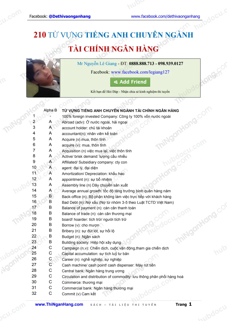 210 từ vựng Tiếng Anh chuyên ngành Tài chính Ngân hàng
