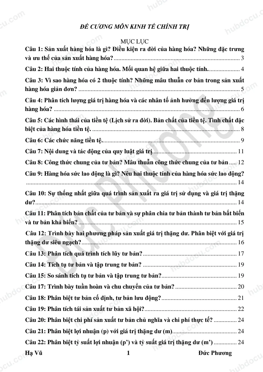 Đề cương (kèm trả lời) - Kinh tế chính trị