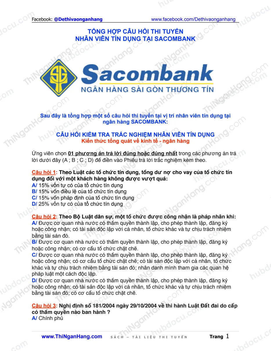 Đề thi tuyển vị trí Chuyên viên Tín dụng Sacombank 2010