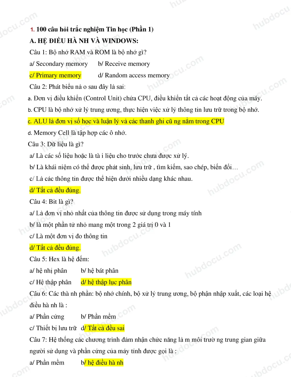 85 câu trắc nghiệm tin hoc