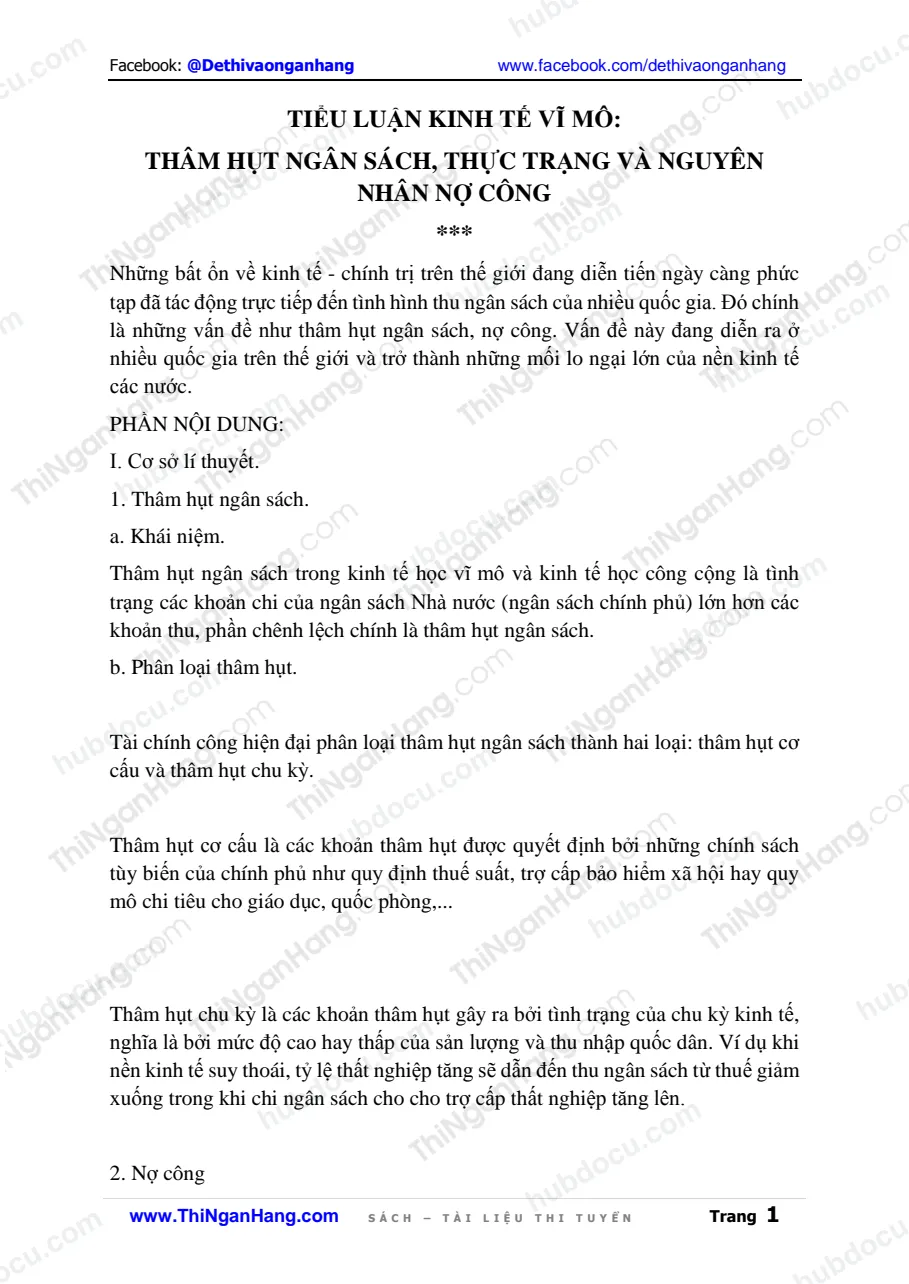 Tiểu luận Kinh tế vĩ mô - Thâm hụt ngân sách, thực trạng và nguyên nhân nợ công