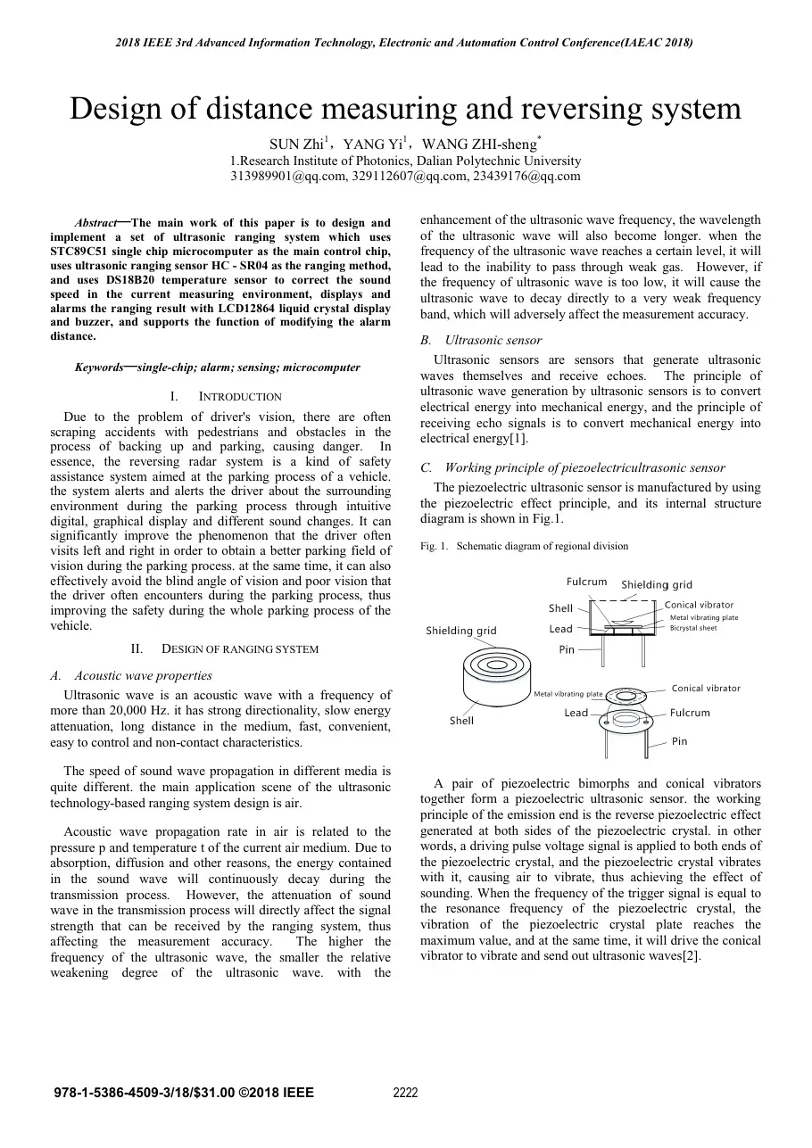 Design of distance measuring and reversing system (Thiết kế hệ thống đo khoảng cách và cảnh báo lùi) - SUN Zhi, YANG Yi, WANG