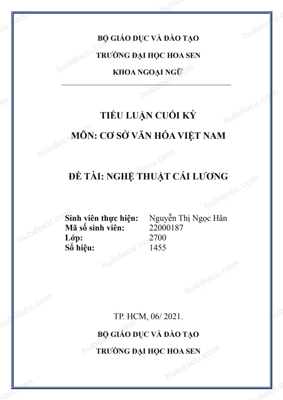 Tiểu luận cuối kỳ môn cơ sở văn hóa việt nam - đề tài nghệ thuật cải lương