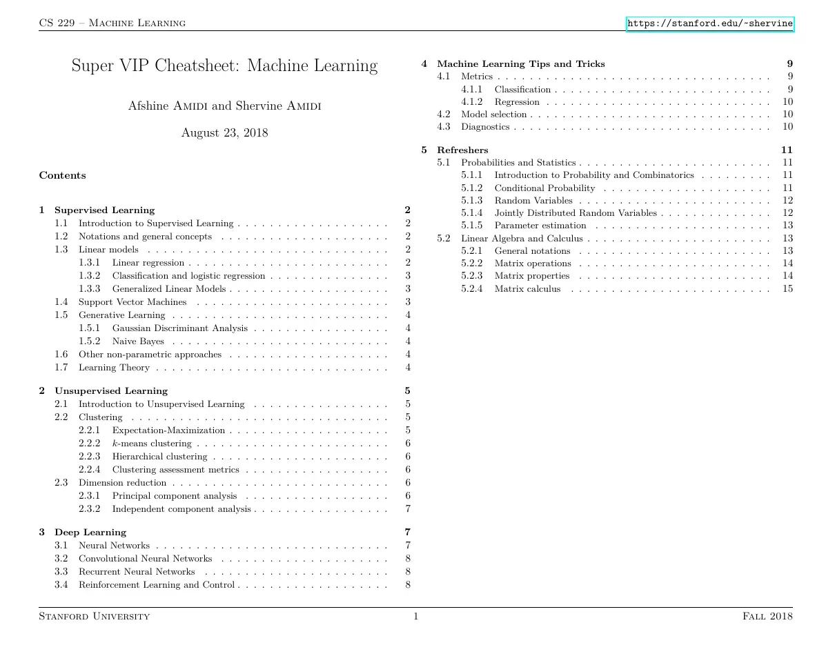 Super cheatsheet machine learning (Khái niệm và công thức chính trong học máy) - Afshine Amidi and Shervine Amidi
