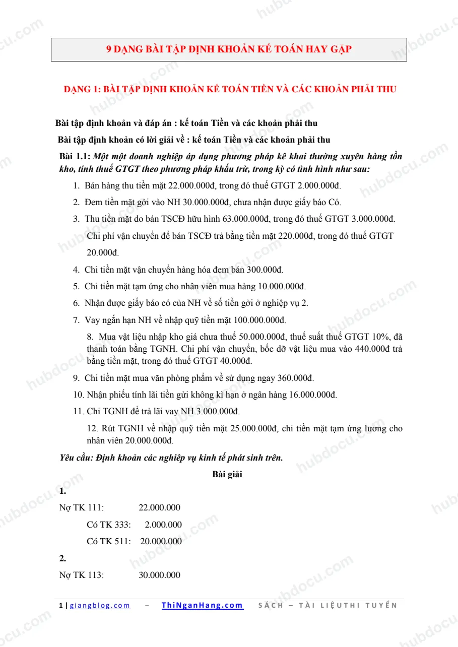 9 dạng bài tập định khoản kế toán