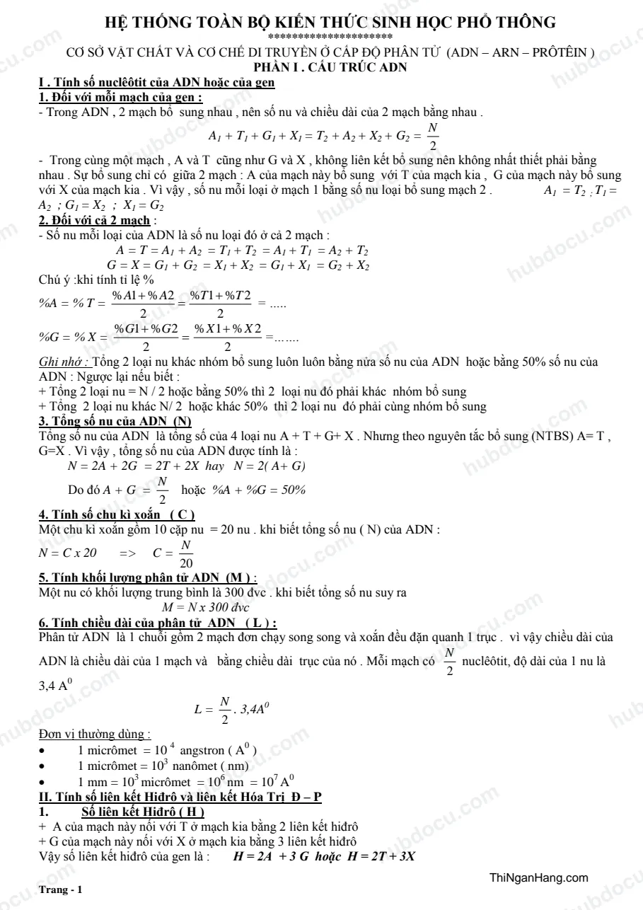 Hệ thống công thức sinh học 10 - 11 - 12