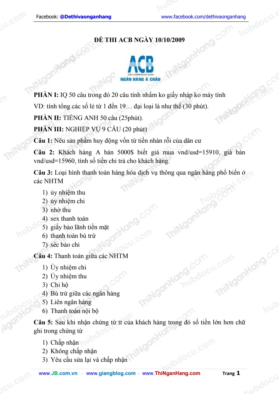 Đề thi nghiệp vụ Tín dụng ACB (10-10-2009)