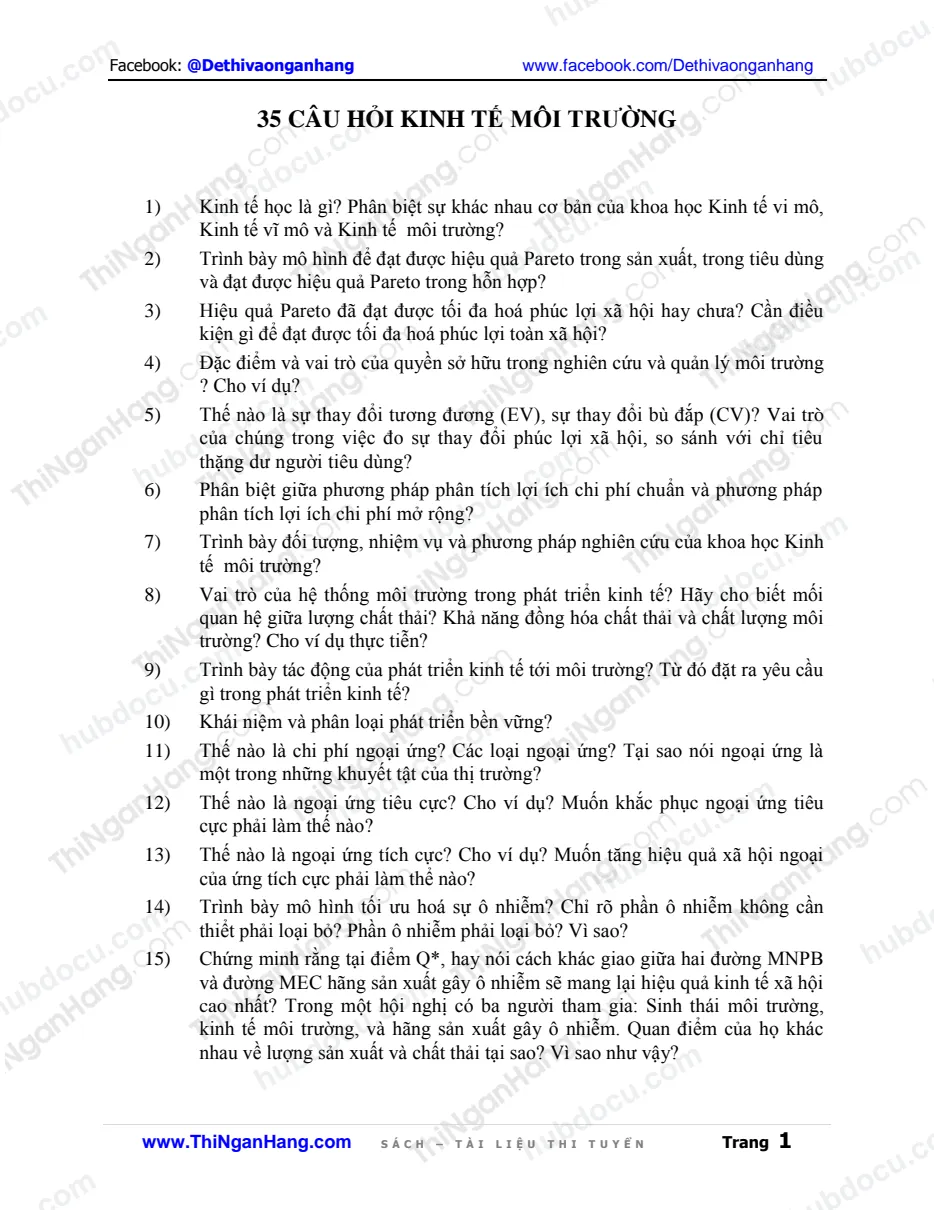 35 câu hỏi môn Kinh tế môi trường