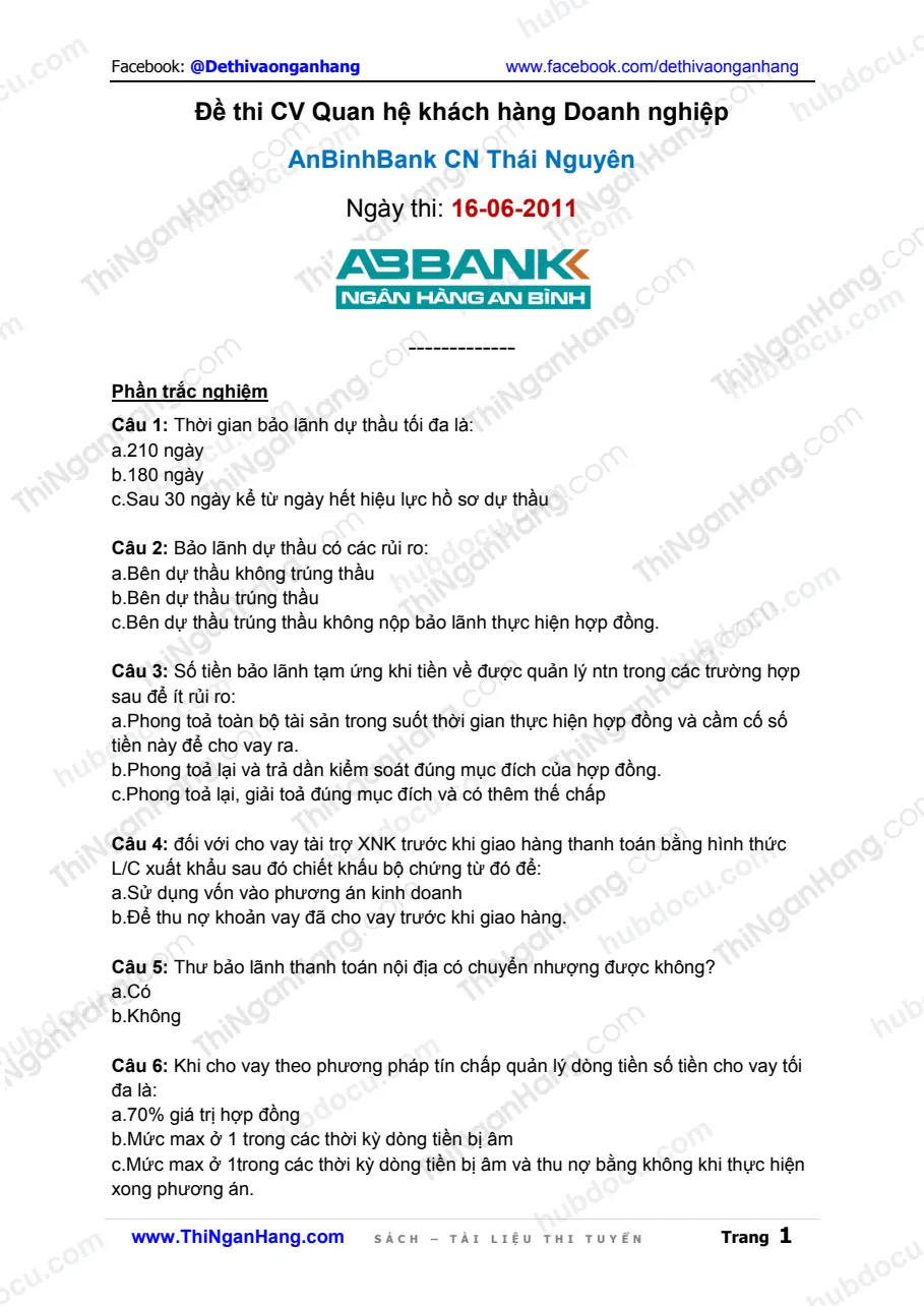 Đề thi CV QHKH Doanh nghiệp - An Bình Bank (16-6-2011)
