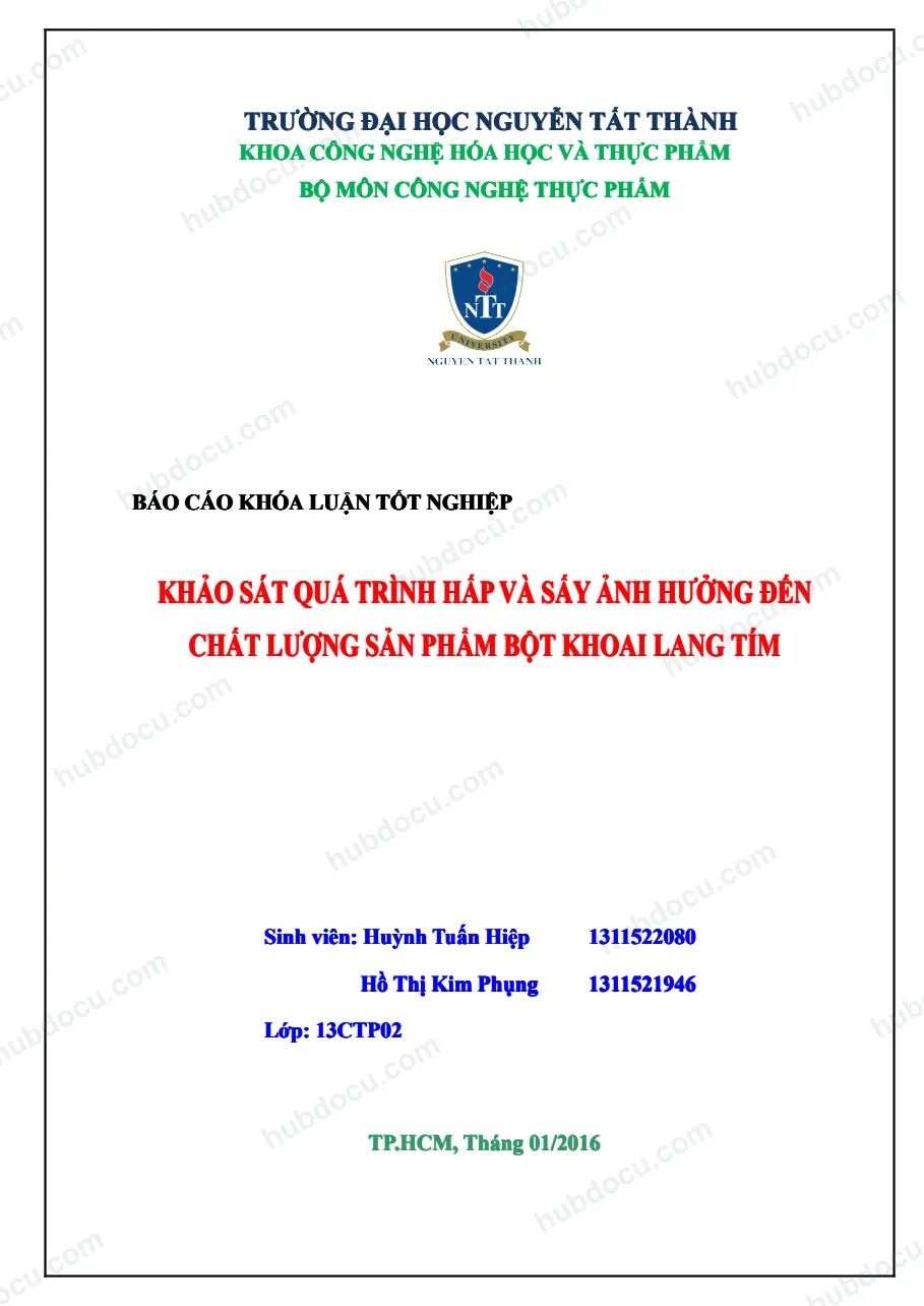 Khoá luận_ Khảo sát quá trình hấp và sấy ảnh hưởng đến chất lượng sản phẩm bột khoai lang tím