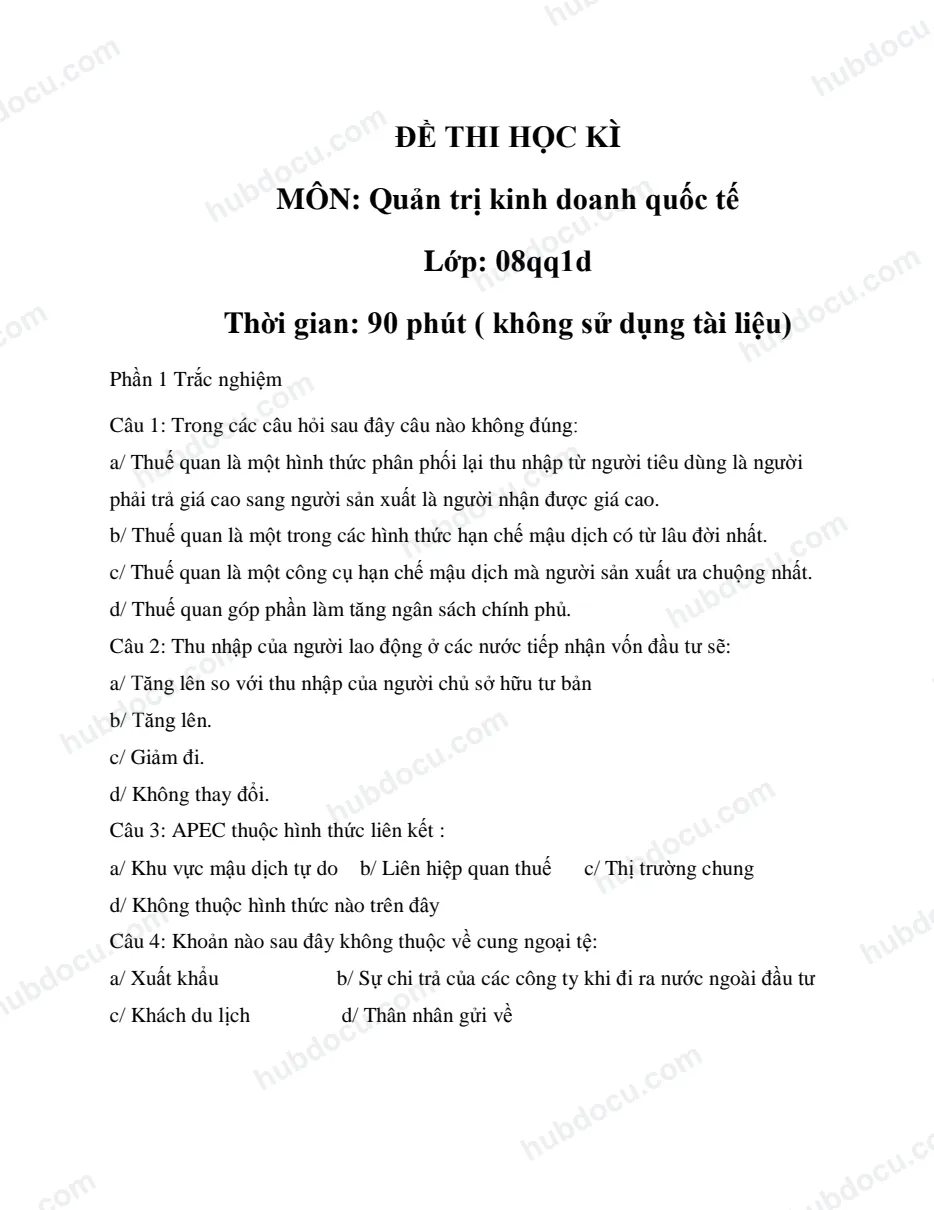 Đề thi môn Quản trị kinh doanh quốc tế