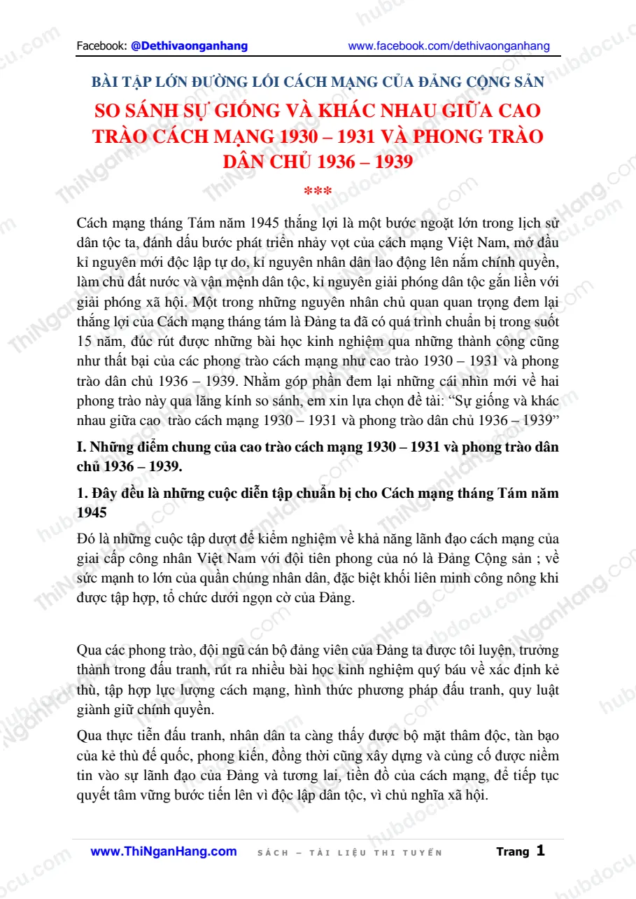 So sánh sự giống và khác nhau giữa Cao trào cách mạng 1930-1931 và Phong trào dân chủ 1936-1939