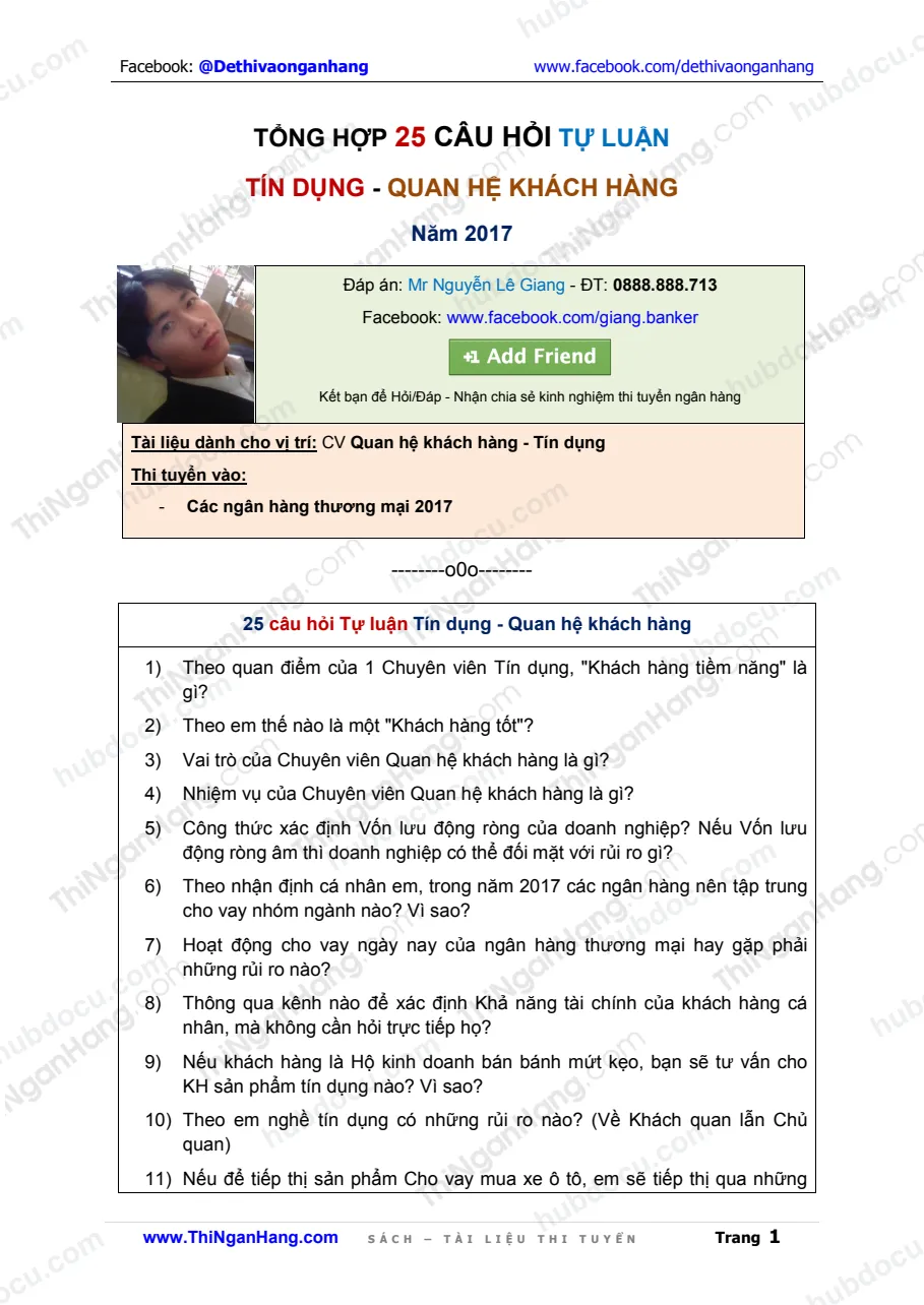 25 câu hỏi tự luận Tín dụng - Quan hệ khách hàng - Thi Ngân hàng 2017