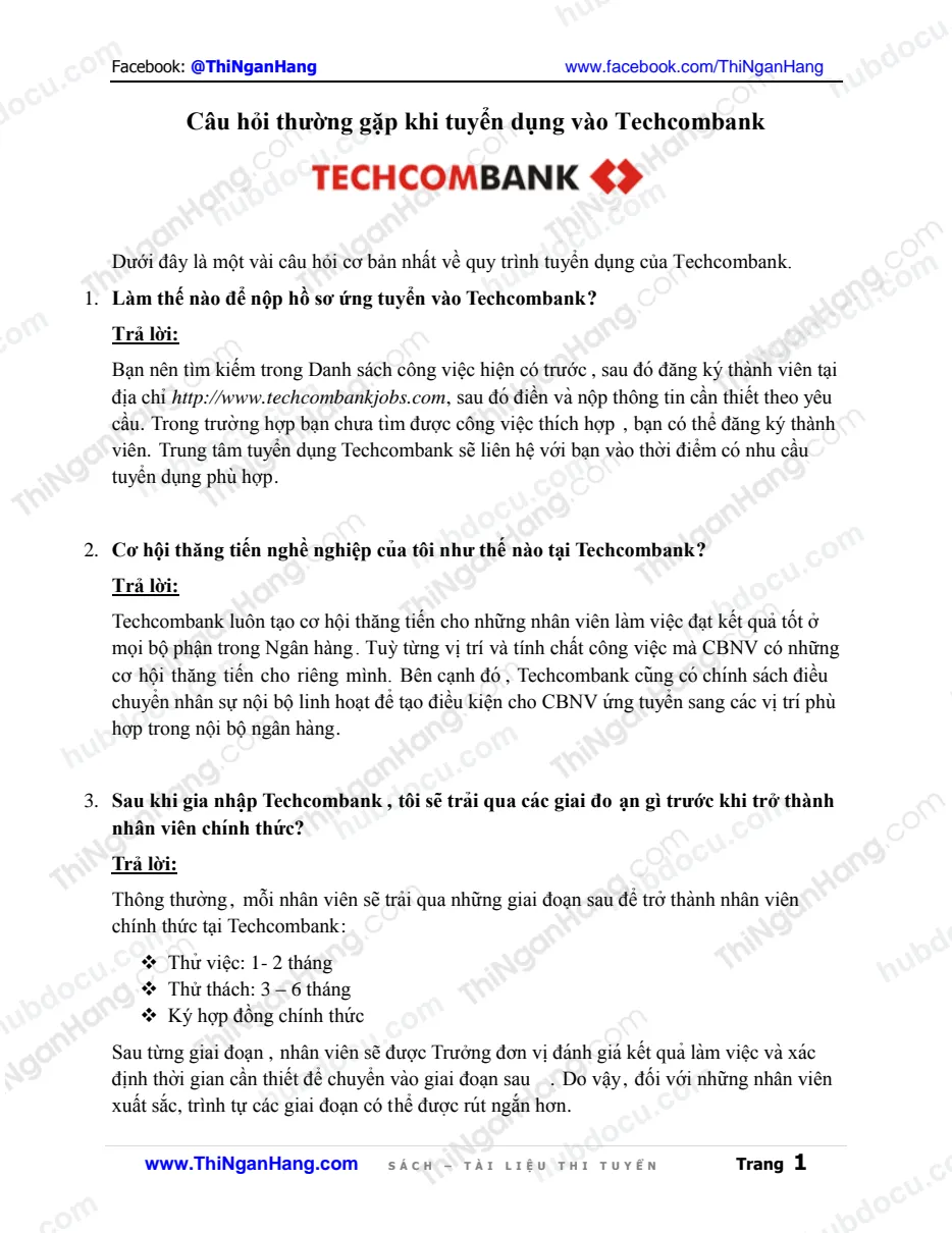 Câu hỏi thường gặp khi tuyển dụng vào Techcombank