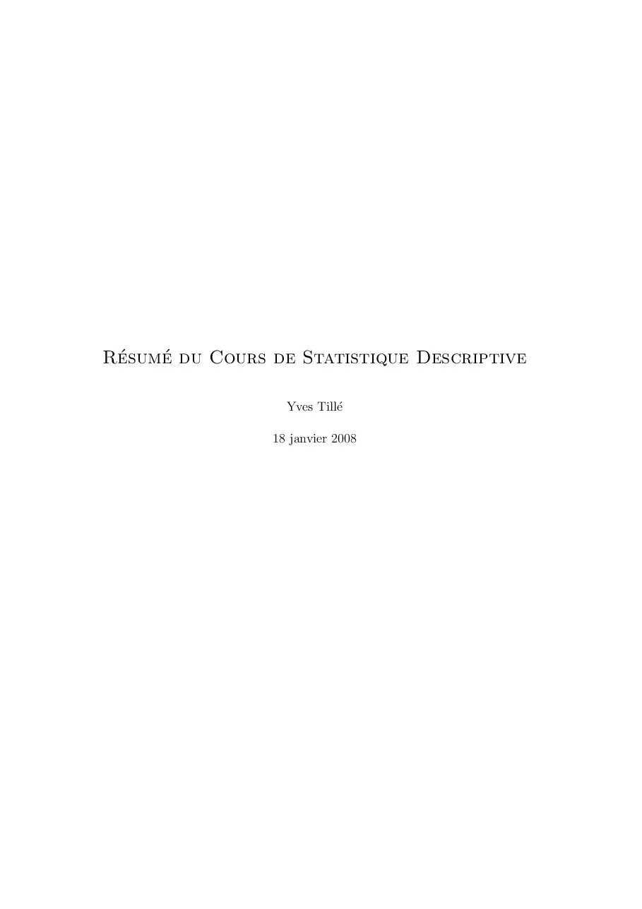 Résumé du Cours de Statistique Descriptive (Tóm tắt giáo trình Thống kê mô tả) - Yves Tillé