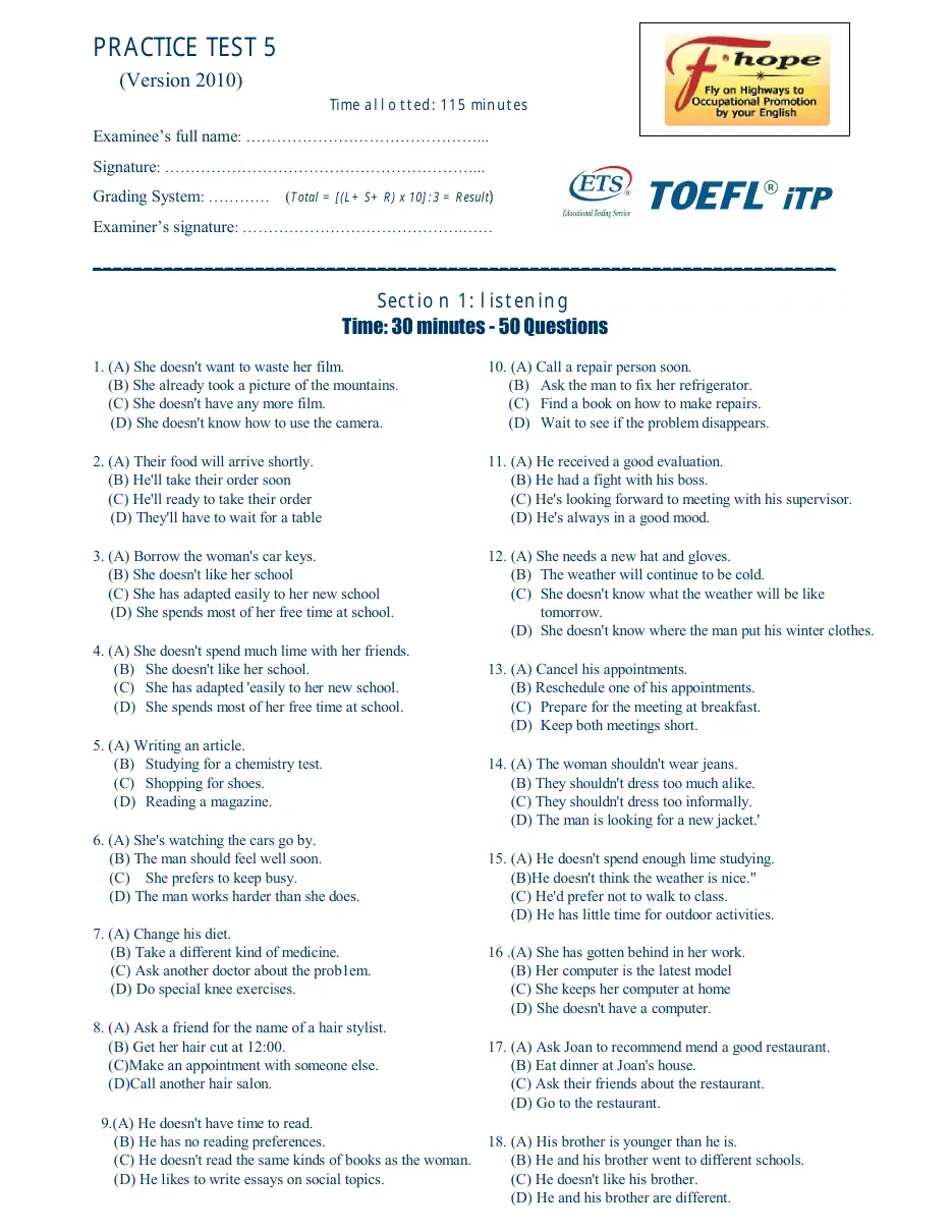 TOEFL iTP Practice test 5 (Test 5)