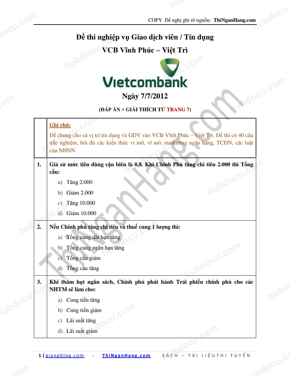 Giải đề GDV-Tín dụng Vietcombank (VCB) Vĩnh Phúc-Việt Trì (7-7-2012)