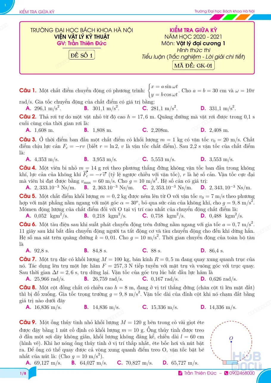Thi giữa kỳ Vật lý đại cương 1 (VER1 8)