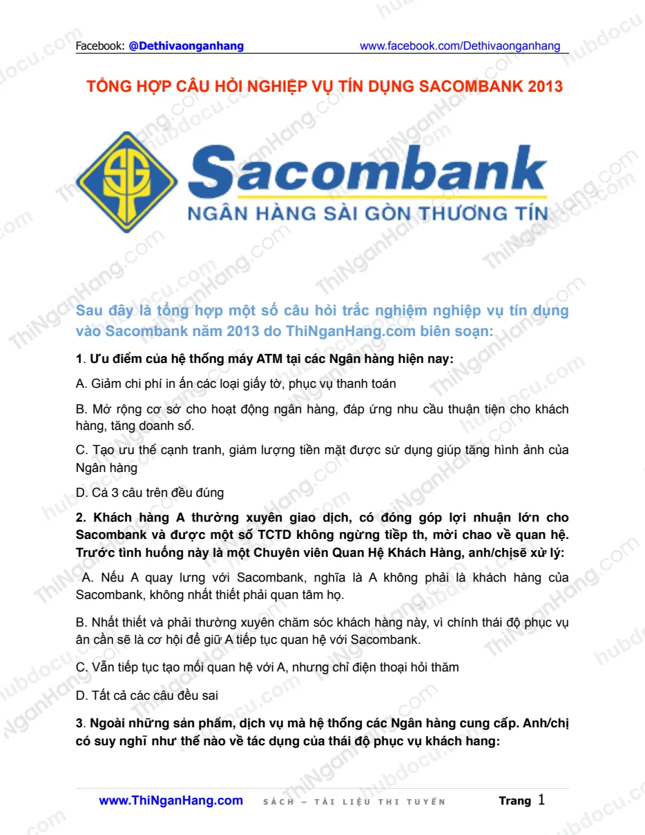 Tổng hợp câu hỏi nghiệp vụ tín dung Sacombank 2013