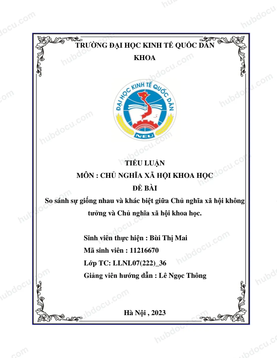 Tiểu luận - Môn chủ nghĩa xã hội khoa học - So sánh sự khác biệt giữa chủ nghĩa xã hộ không tưởng và khoa học