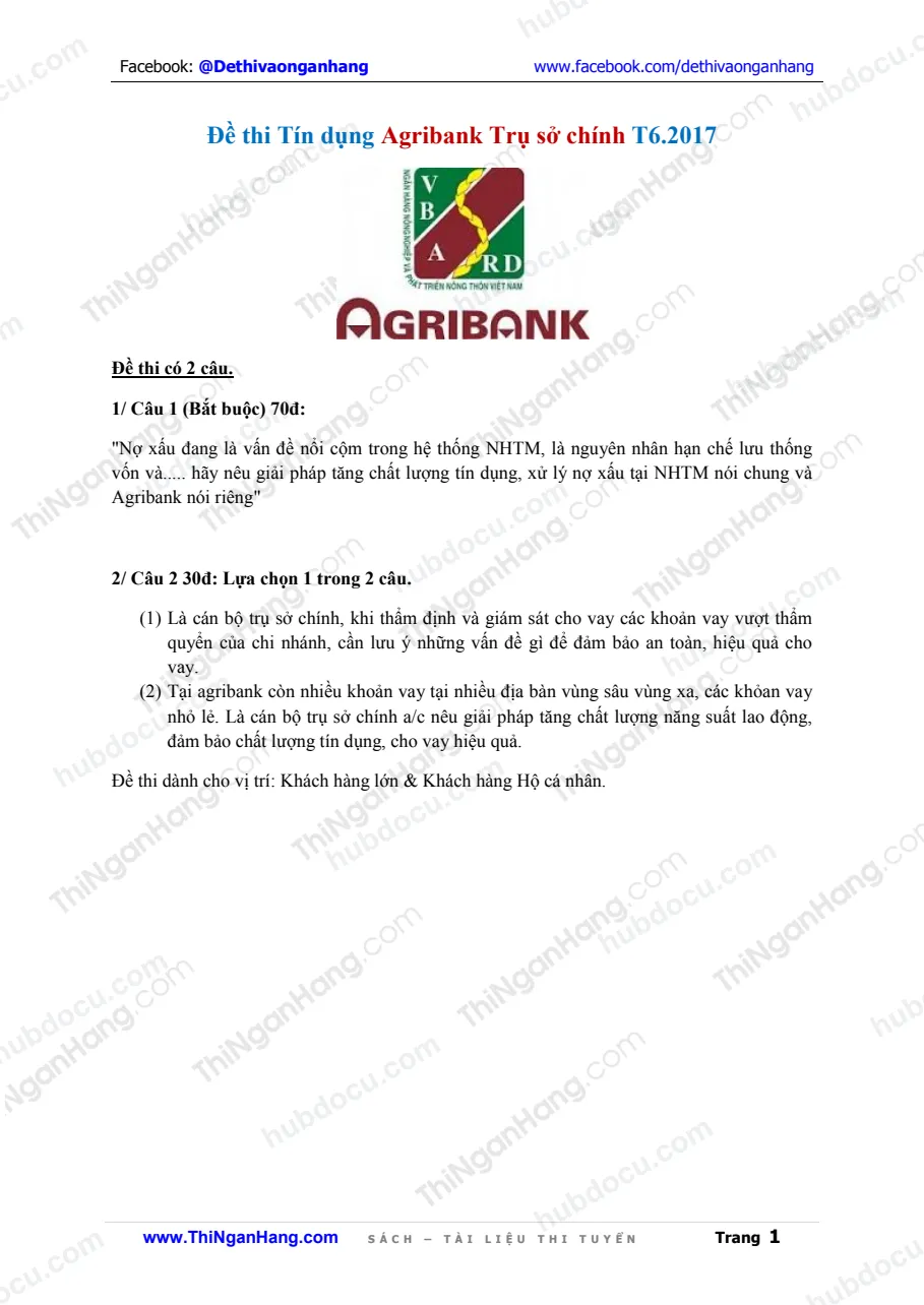 Đề thi tín dụng Agribank Trụ sở chính (T6-2017)
