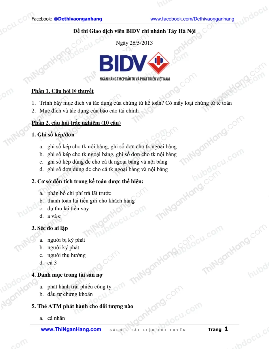 Đề thi Giao dịch viên - BIDV chi nhánh Tây Hà Nội (26/5/2013)