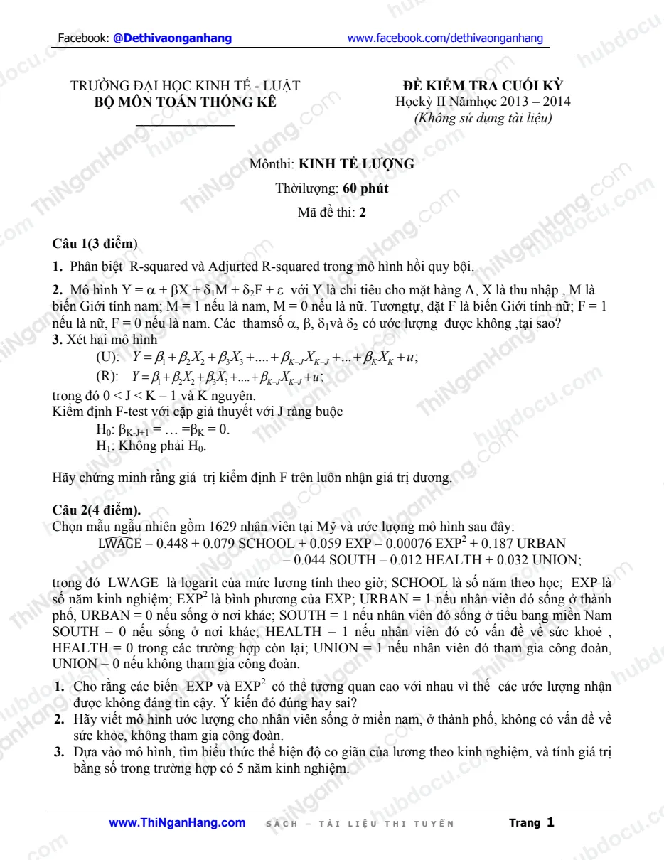 Đề thi kinh tế lượng (Có Đáp án)