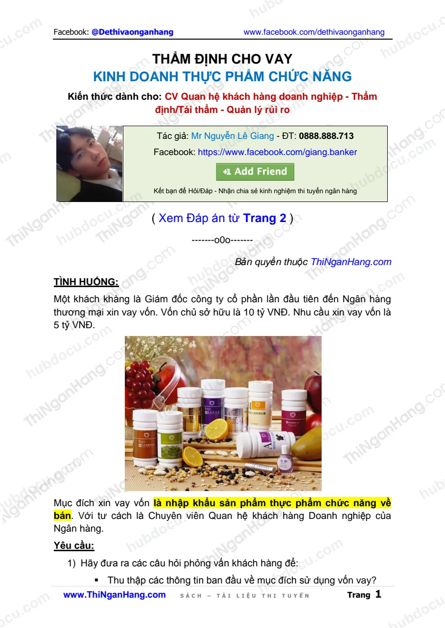 Cho vay Kinh doanh Thực phẩm chức năng - Kiến thức Tín dụng-Thẩm định-QLRR