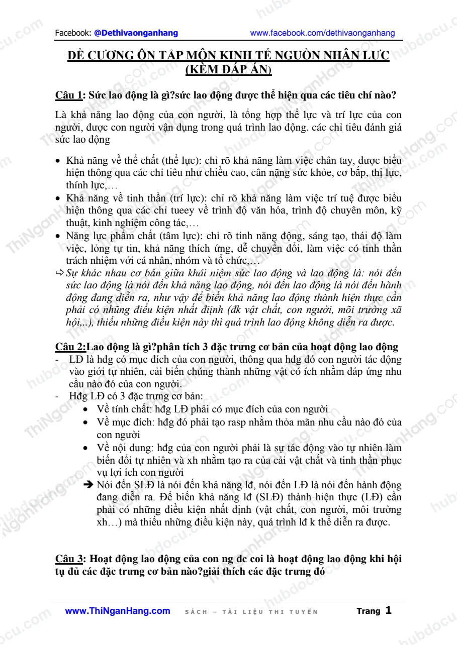 Đề cương ôn tập Môn Kinh tế nguồn Nhân lực (có đáp án)