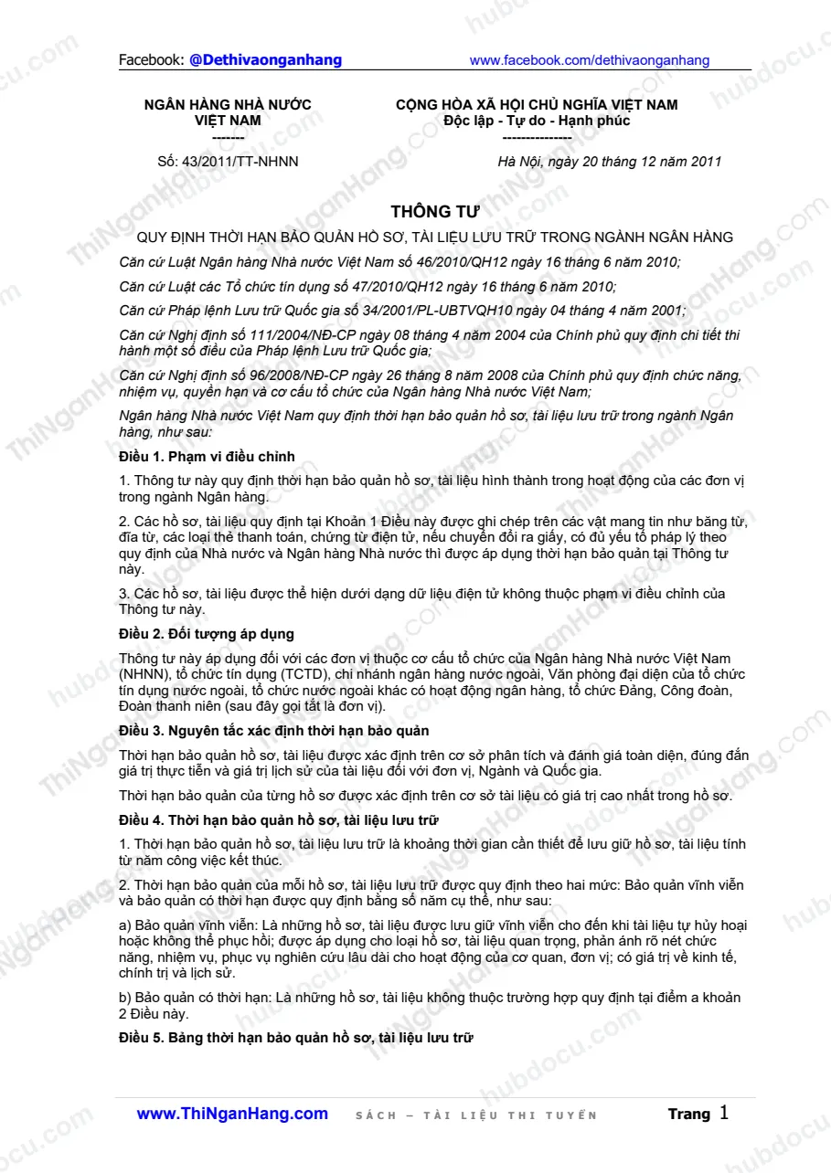Thông tư 43-2011-TT-NHNN - Thời hạn bảo quản hồ sơ, tài liệu lưu trữ trong ngành ngân hàng