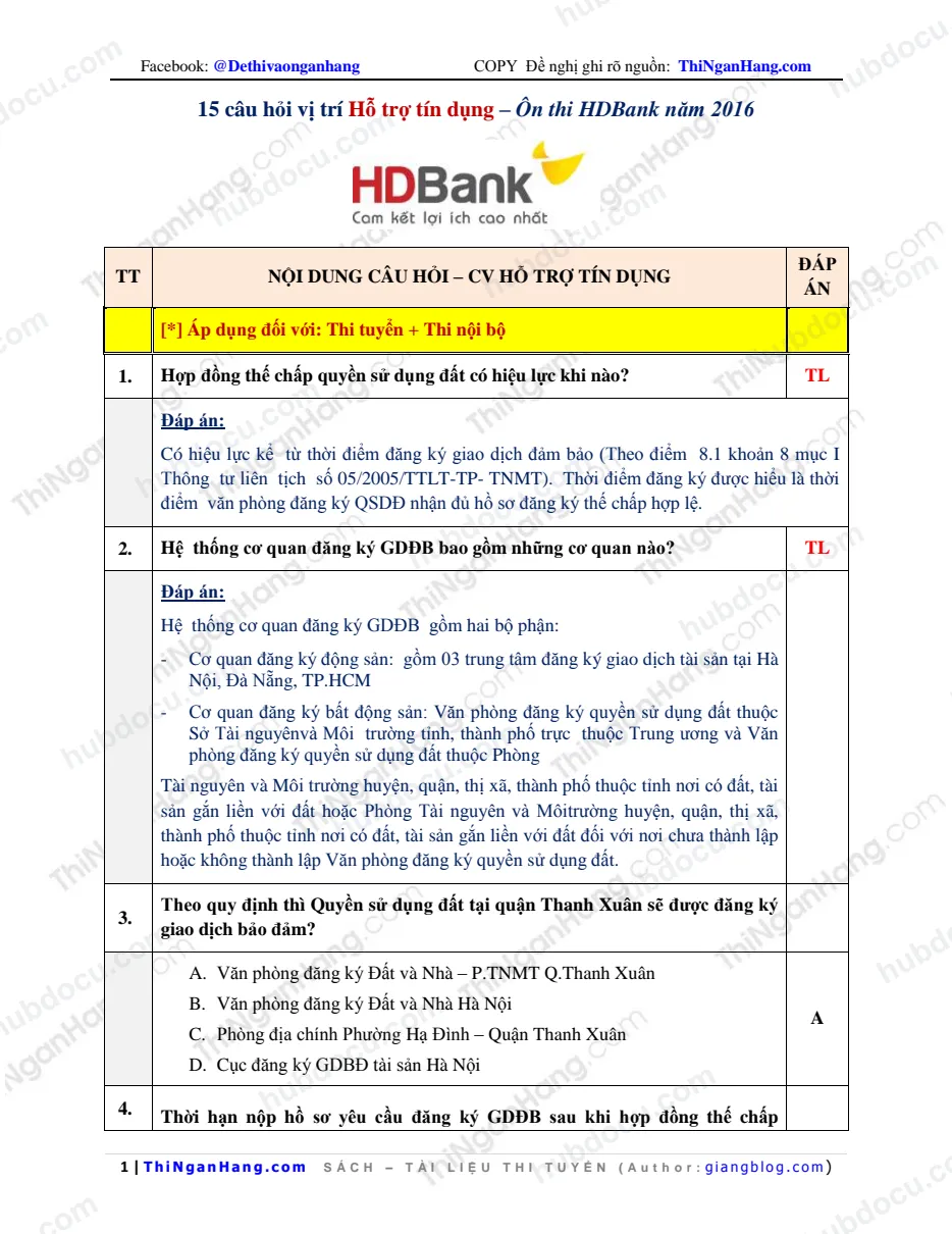 15 câu hỏi Hỗ trợ tín dụng - Ôn thi HDBank 2016 (kèm Đáp án)