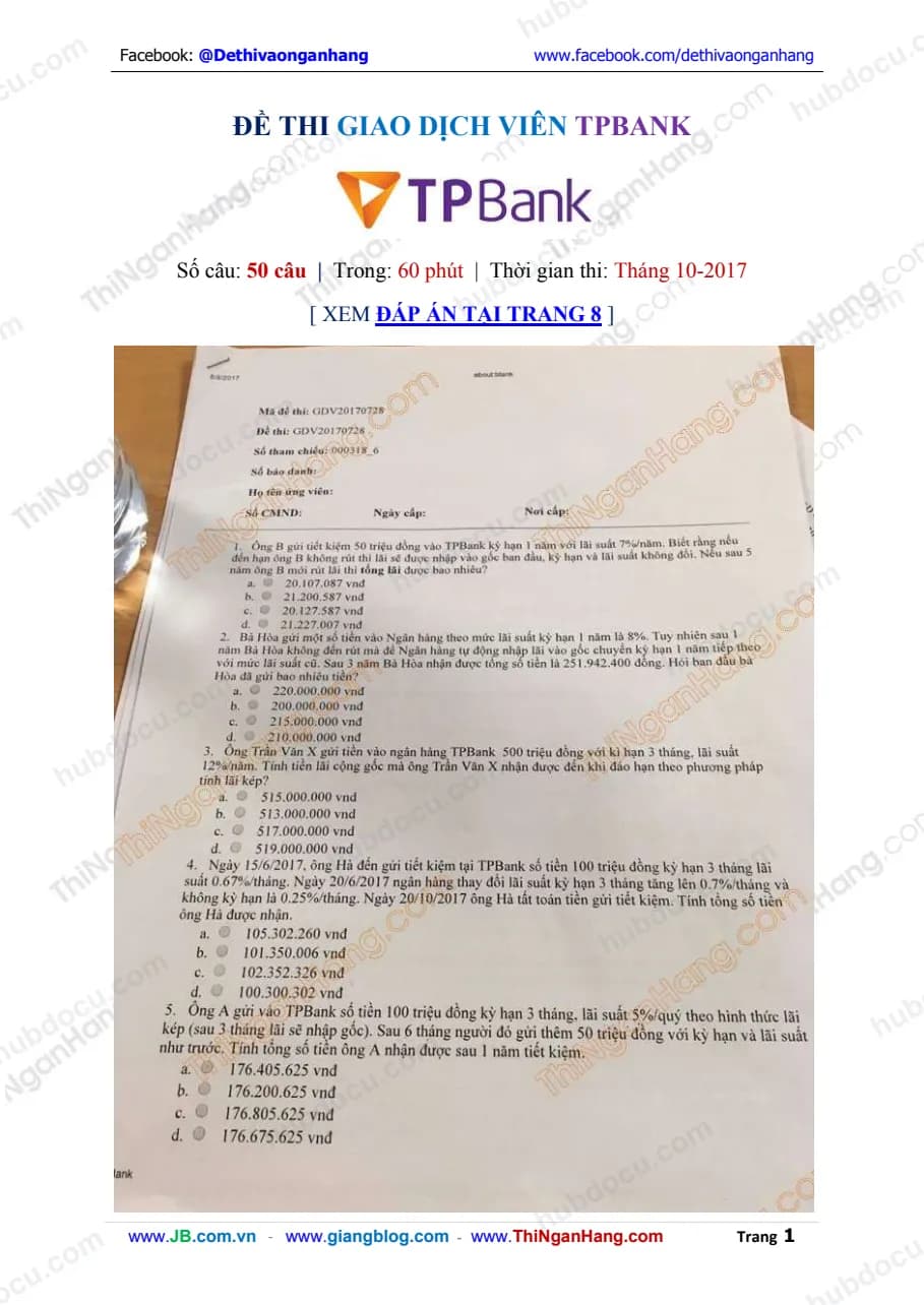 Đáp án đề thi Giao dịch viên TPBank T10-2017 (Full 50 câu)