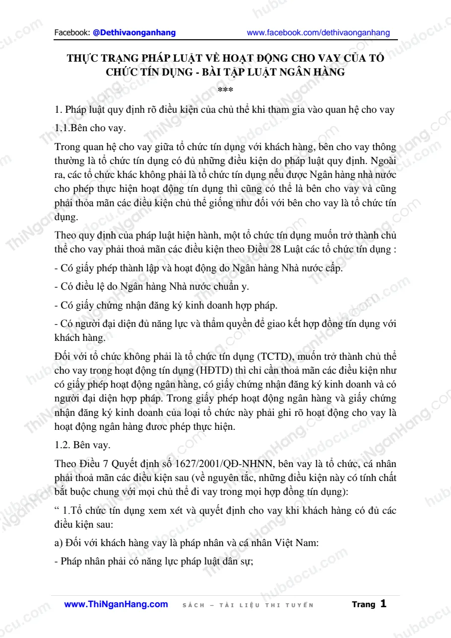 Thực trạng pháp luật về hoạt động cho vay của tổ chức tín dụng - Bài tập Luật Ngân hàng