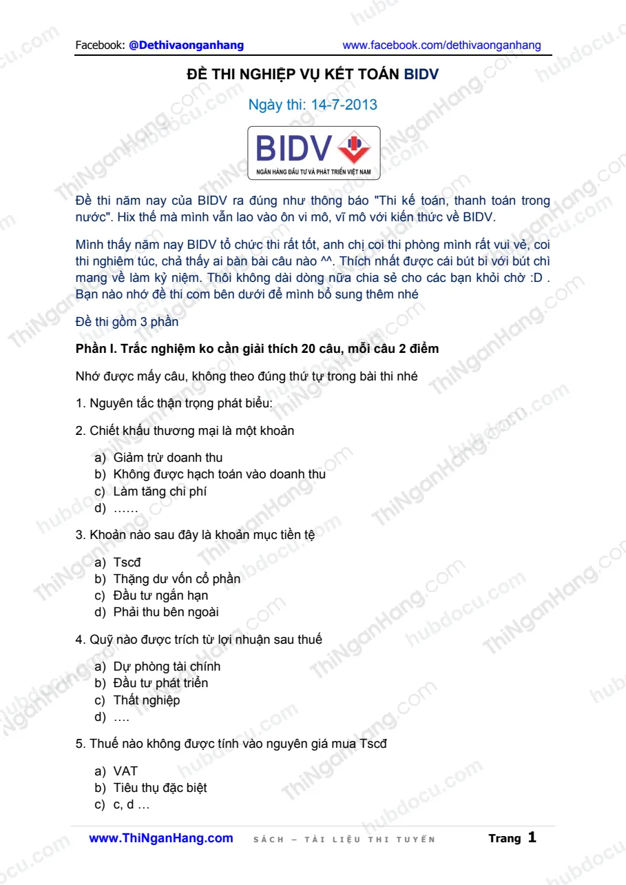 Đề thi nghiệp vụ kế toán BIDV (14/7/2013)