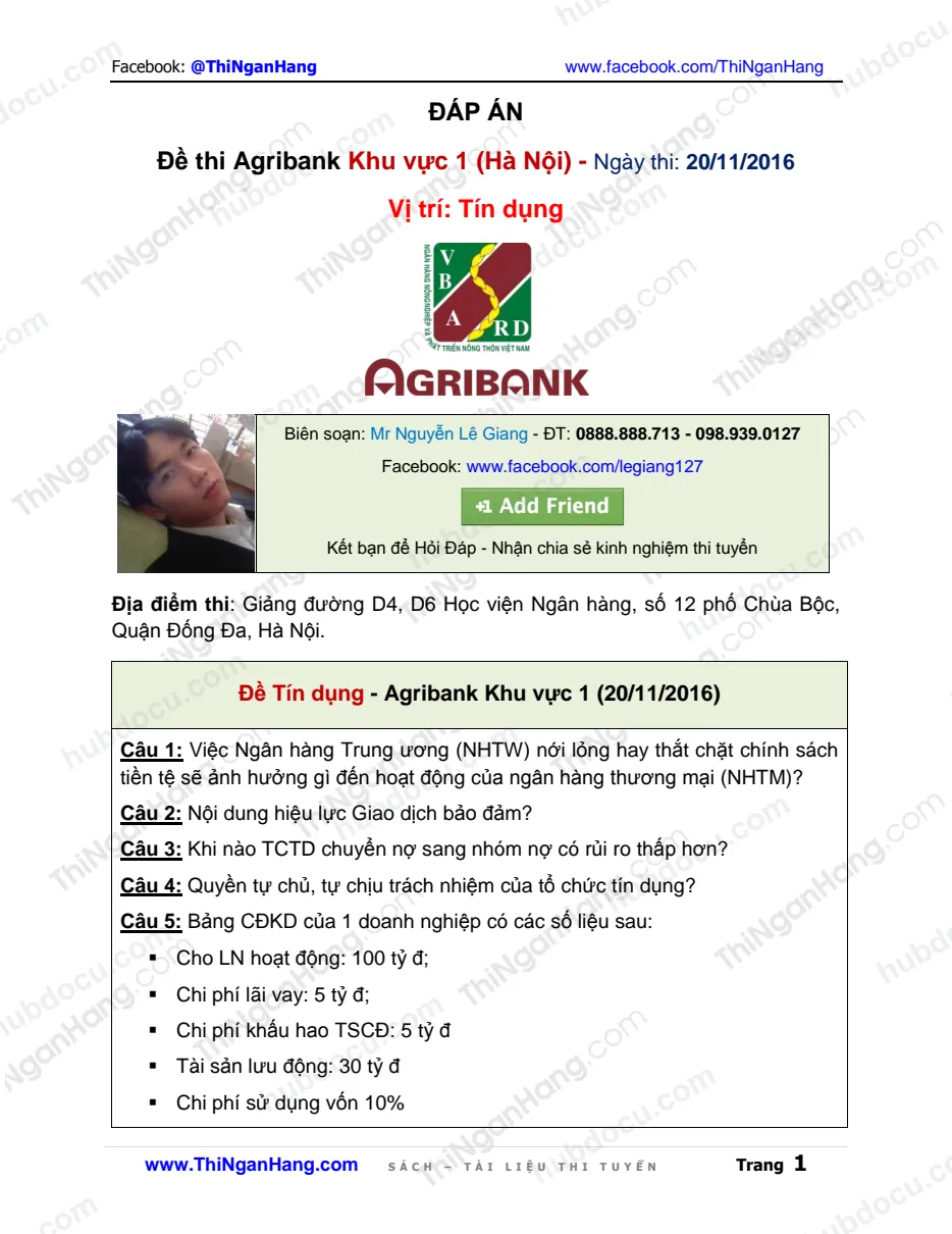 Đáp án Đề thi Agribank KV 1 (Tín dụng) Ngày 20-11-2016