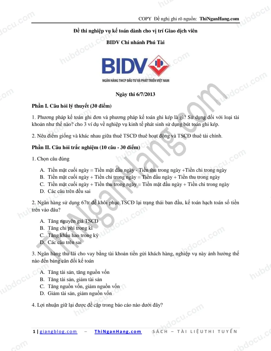 Đề thi Giao dịch viên - BIDV Phú Tài (6-7-2013)