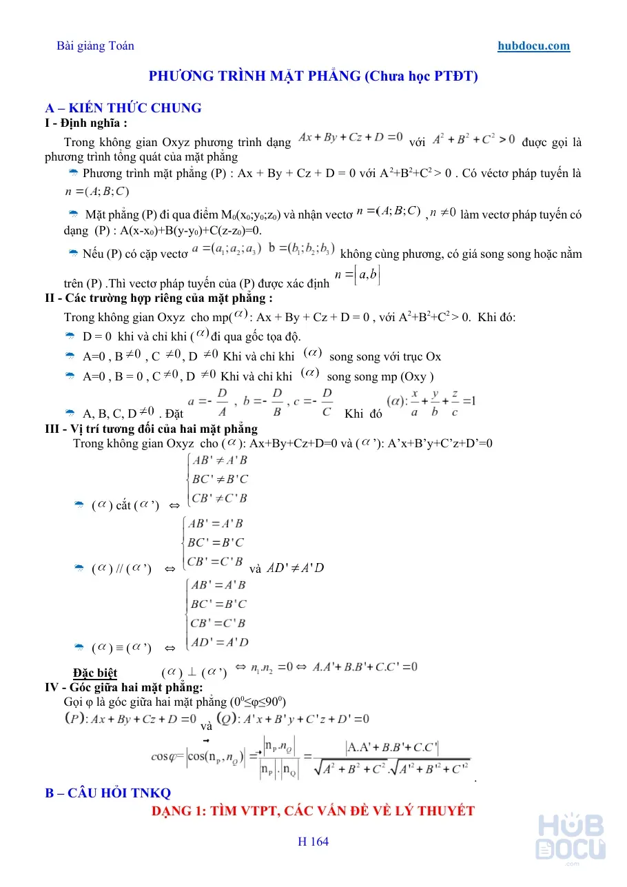 Bài giảng Hình học 12 - Phương trình mặt phẳng (Chưa học PTĐT)