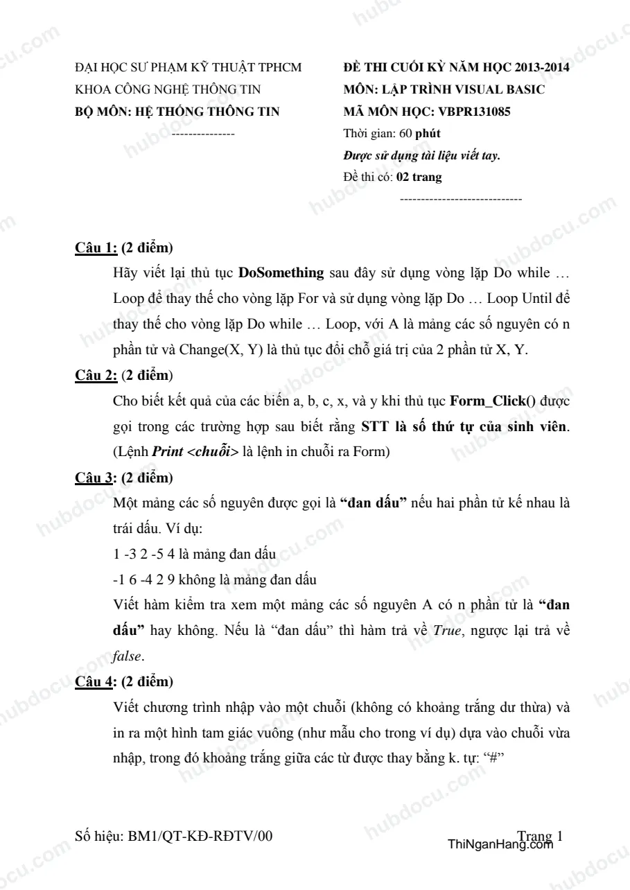 Đáp án đề thi Lập trình Visual Basic - ĐH Sư phạm kỹ thuật TP.HCM