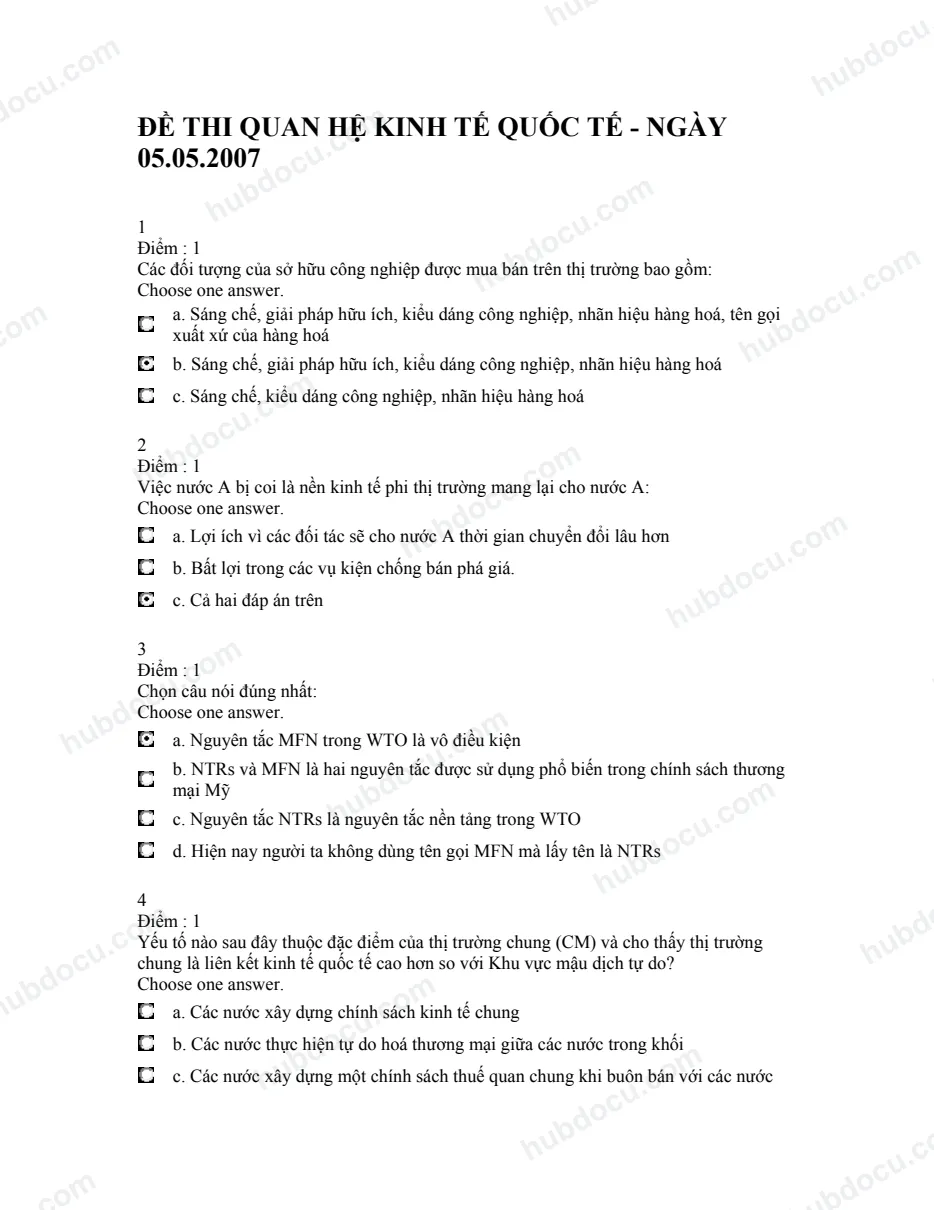 Đề thi Quan hệ kinh tế quốc tế ngày 5-5-2007
