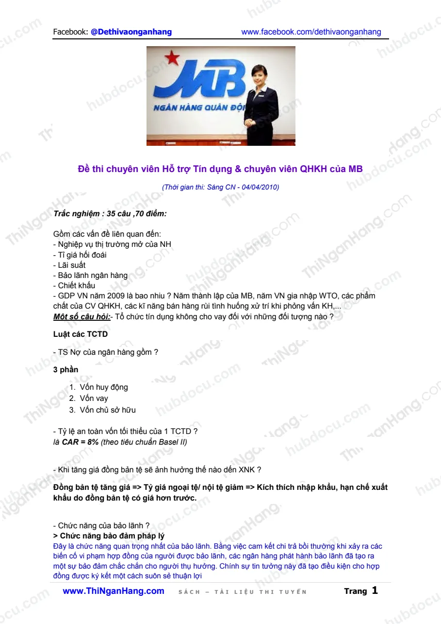 Giải đề thi Hỗ trợ tín dụng - MBBANK (2010)