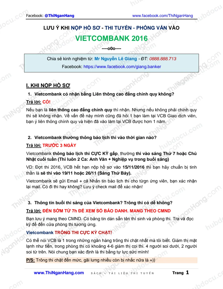 Lưu ý khi nộp Hồ sơ - Thi tuyển - Phỏng vấn Vietcombank 2016
