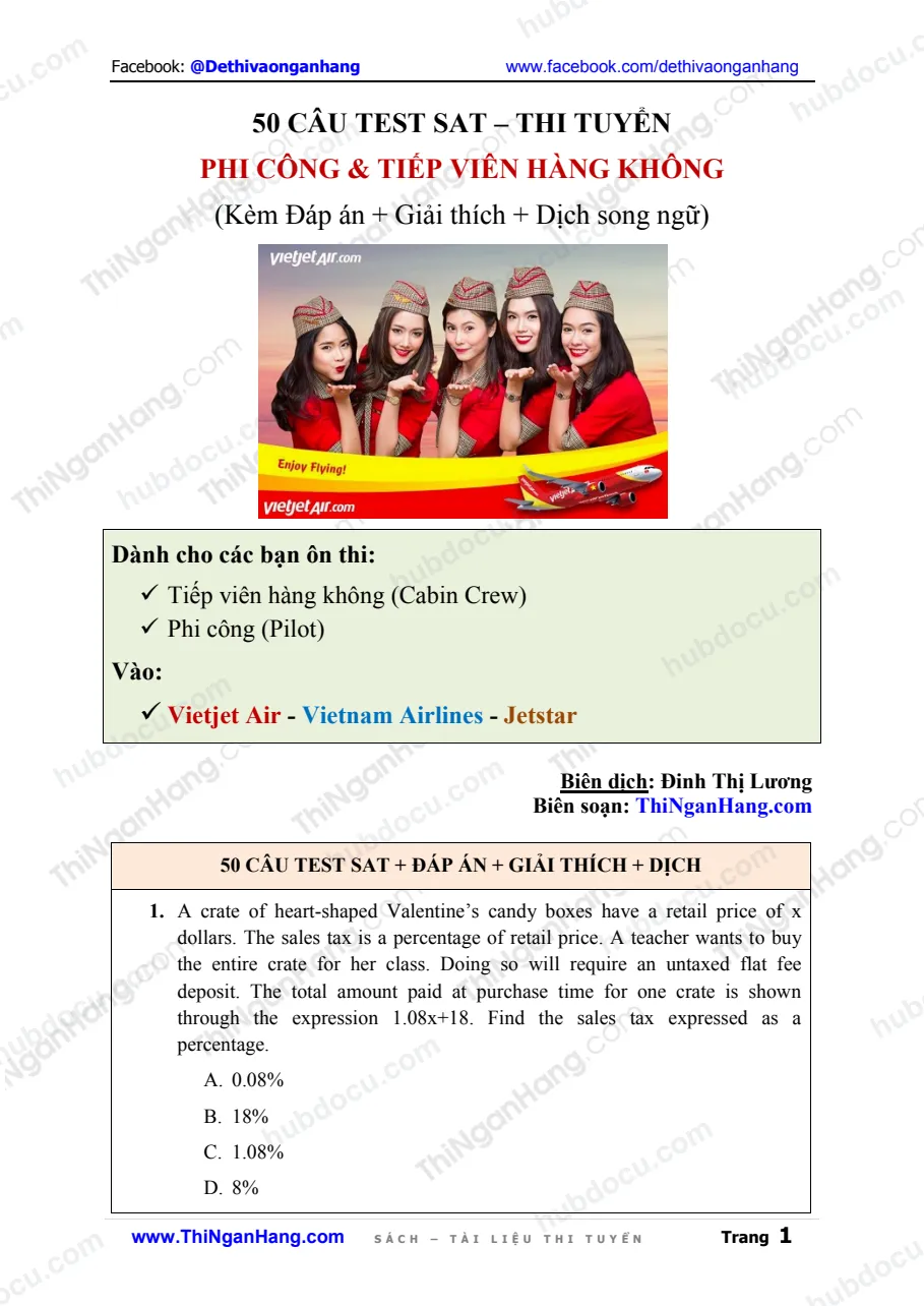 Đáp án và Dịch 50 câu Test SAT thi Tiếp viên hàng không và Phi công